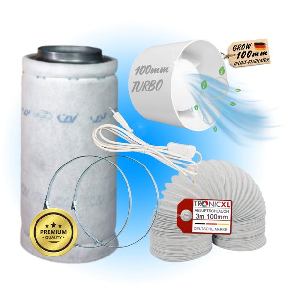 TronicXL Grow Abluft Set 100mm leise Belüftungsset für Growbox Aktivkohlefilter Lüfter Abluftlüfter Abluftschlauch mit Kabel Schalter kompatibel mit Mars Hydro Kingpower Vivosun Secret Jardin Zelt