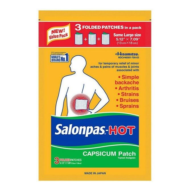 Salonpas Hot Capsicum Patch: Aches, Arthritis Sprains 3 Ct,   Exp 01/25