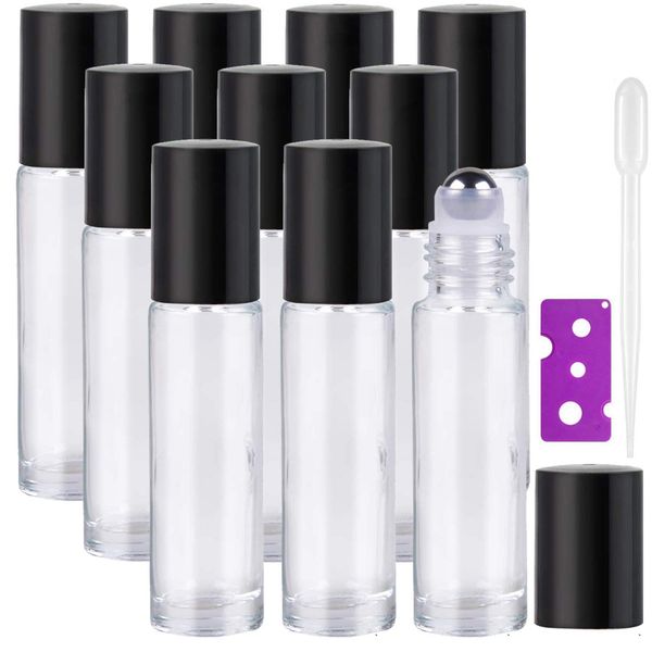 Yalbdopo Rollerflaschen für ätherische Öle – 10 ml, nachfüllbare, transparente Glasflaschen mit schwarzem Deckel, 12 Etiketten, Pipette und Öffner im Lieferumfang enthalten – perfekt für Duft,