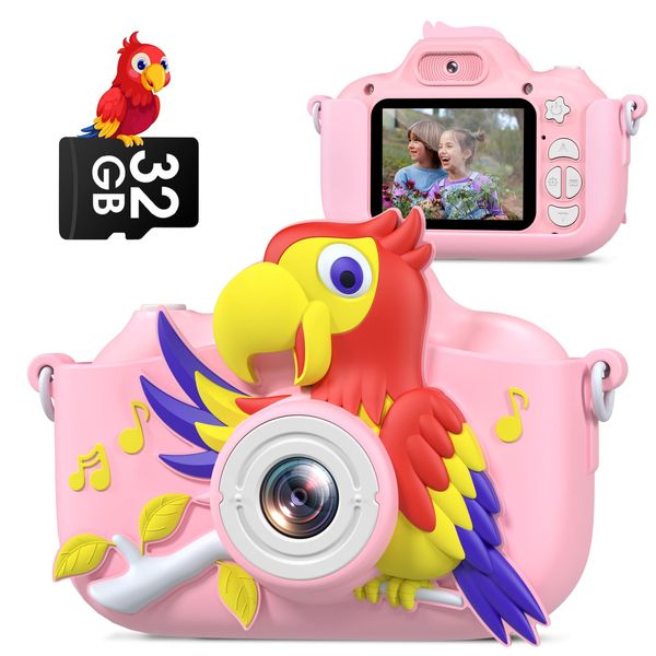 GREENKINDER Kids Camera, Parrot Toddler Digital Camera for Ages 3-12 Boys Girls, Christmas Birthday Gifts, Selfie 1080P Camera for 3 4 5 6 7 8 9 Years Old Toys Pink