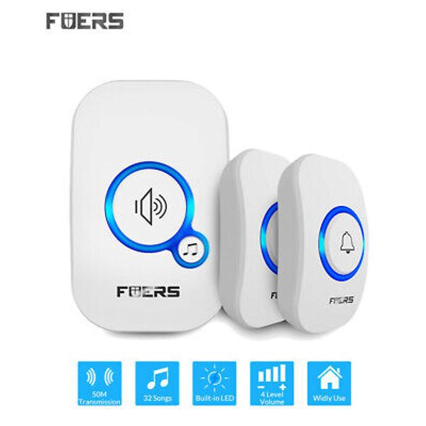 Wireless Doorbell Smart Chime 32 Melodies 1 Plugin Transmitter+2 Doorbell Button