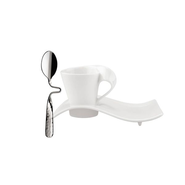 Villeroy & Boch New Wave Coffee Espresso Set, 3 Pieces, Premium Porcelain, White, Metal, 28.5 x 25.8 x 1.35 cm