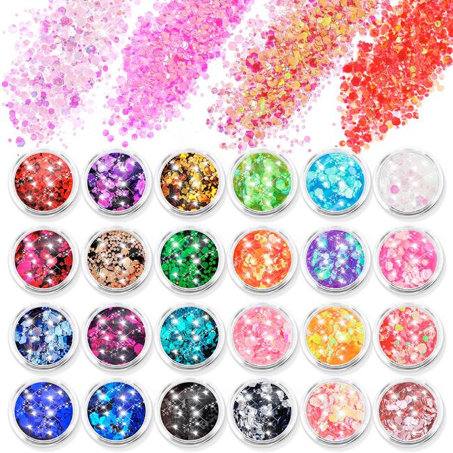 simarro 24 Farben Glitter Pailletten, Hexengesicht Körper Glitzer Set Nägel Haare Körper Glitter Zubehör für Halloween Makeup Glitter Augen Lippen Körper DIY Crafts (Farbe 2)