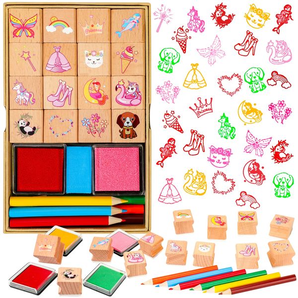 Zayvor Kids Stamps Set, Girls Wooden Rubber Stamp With Ink Pad Colored Pencil, Holiday Square Craft Stamp For Stamping Scrapbooking Crafting Booking Card Making Stocking Filler,Party Favor Gift