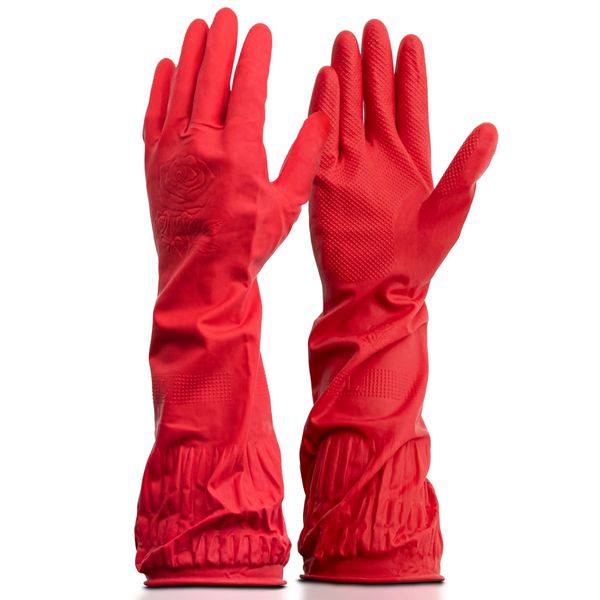 piphica Rubber Gloves, Set of 3, Kitchen Gloves, Waterproof Gloves, Long Work Gloves, Red