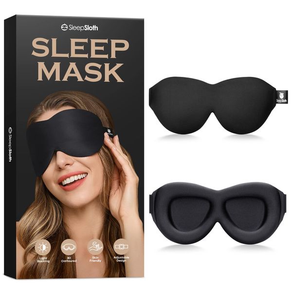 SleepSloth Sleep Eye Mask, 3D Contoured 100% Blackout Eye Mask, Sleep Mask with Adjustable Strap, Soft and Comfortable Night Blindfold for Women Men, Eye Mask for Sleeping, Shift Work, Travel, Black