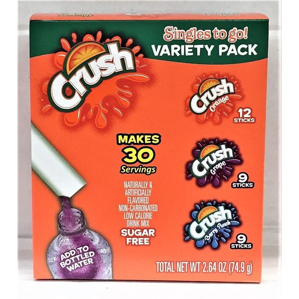 Crush Singles Berry Punch. Grape, Orange To Go Sugar Free Drink Mix Variety Pack 2.64 oz 30 sticks