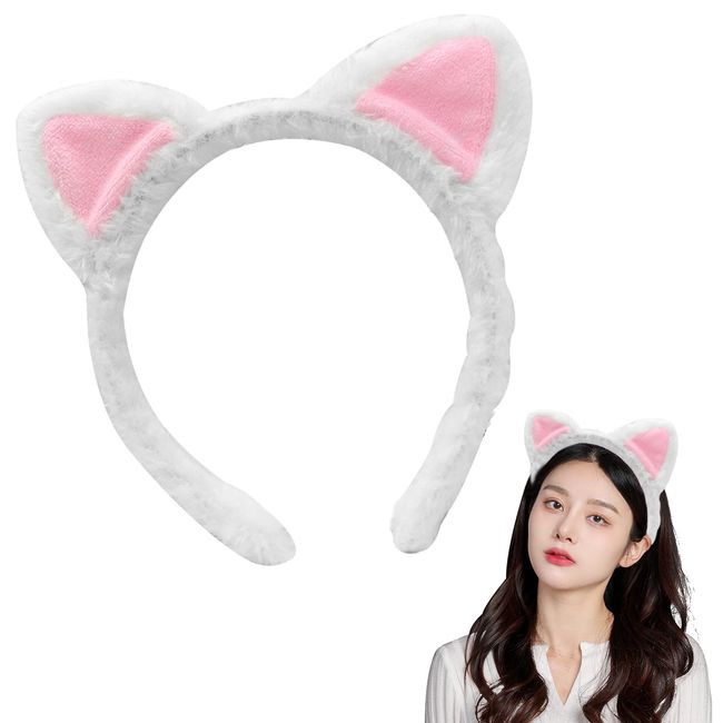 golshine White Cat Ears Headband,Cute Plush Cat Ears for Women & Girls, Fluffy Cat Ear Headband for Halloween Christmas Party Dress Up Cosplay Animal Fancy Dress Costume