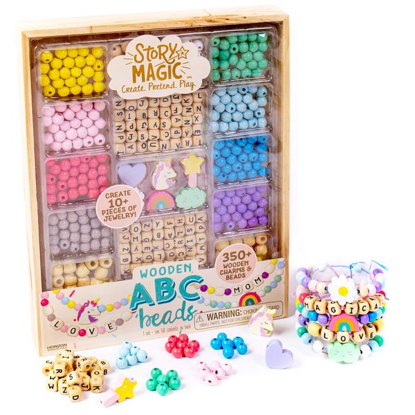 Story Magic Wooden ABC Beads by Horizon Group USA, Premium Wood Jewelry Making Kit, Makes 10+ Pieces of Jewelry, Over 350 Wooden Beads & Charms