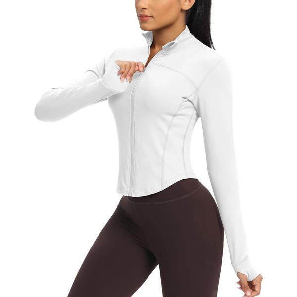 QUEENIEKE Womens Running Jacket Slim Fit Gym Tops Light Long Sleeve Zip Sports Jackets with Thumb Holes White XS