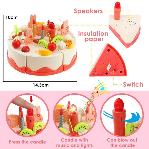 Mundo Toys Birthday Cake Toys 82 Pcs Cutting DIY Pretend Play Kitchen Toy Cake Dessert Play Food Set with Tea Set and Bow Out Candle for Girls Gift Pink +3 Years Old.