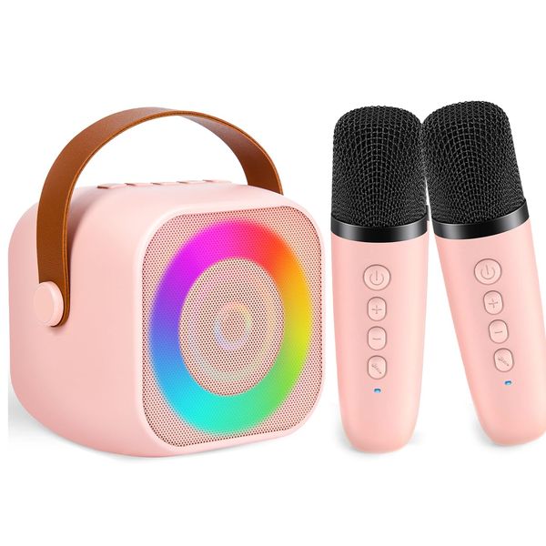 Karaoke Machine Microphone for Kids, 8-12 Years Old Girl Gift Toys Portable Bluetooth Speaker with Wireless Microphone and LED Lights, Birthday Gifts for Girls Ages 4, 5, 6, 7,9, 10 Singing Mic-Pink