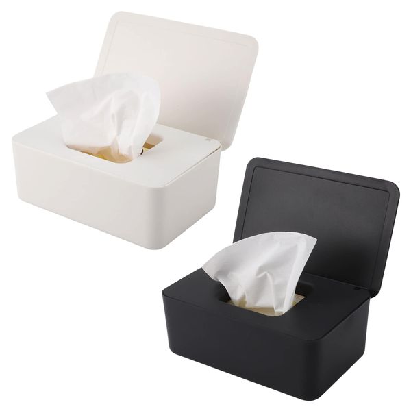 2PCS Wet Wipes Dispenser Box, Baby Wipes Dispenser Toilet Wipes Dispenser Box with Lid Seal Dustproof Reusable Wipes Box Keep Wipes Freshfor Car Office Home (Black+White)