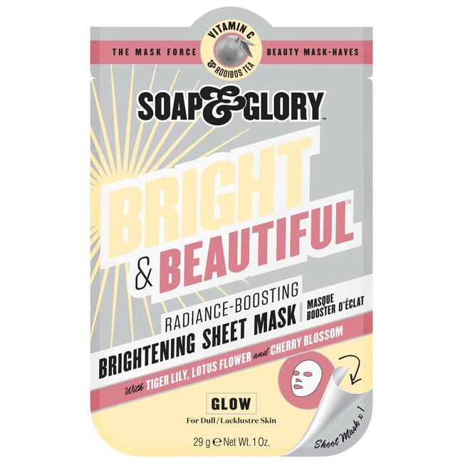 Soap & Glory Bright & Beautiful Brightening Sheet Face Mask - Vitamin C + White Flower Exfoliating Sheet Mask - Brilliance Boosting Face Mask for Dull Skin (29g)