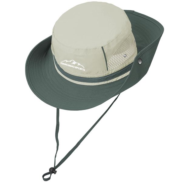 KXF Waterproof Sun Hat Women Men Breathable Wide Brim Summer Mesh UV Protection Safari Hat Foldable Lightweight Sunhat Cap with Chin Strap Adjustable Army Green