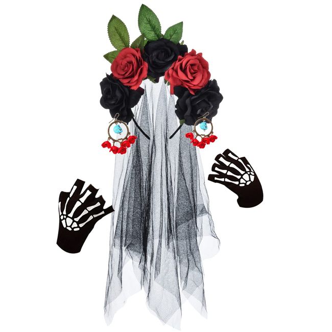 Funsveta Halloween Headband Day of The Dead Headpiece Flower Hairband Party Festival Fancy Dress Cosplay (Flower Headband+Skeleton Gloves Earrings)