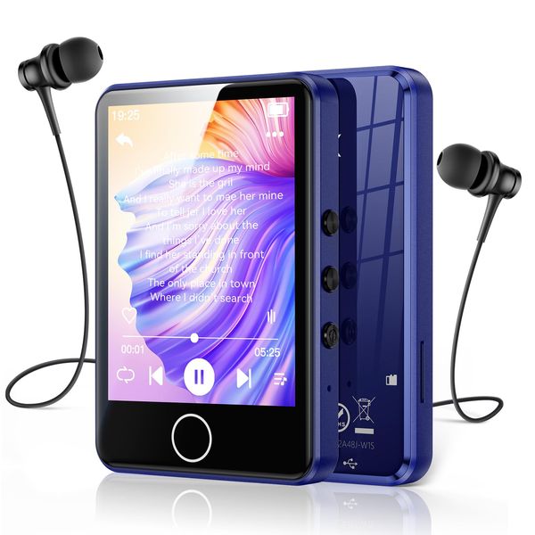 AGPTEK Blue MP3 Player Bluetooth 5.3, 64GB Internal Memory Expandable up to 128GB, 2.8 Inch Full Touch Screen Music Player with Speaker, FM Radio, Earphone & MP3 Protective Case Included