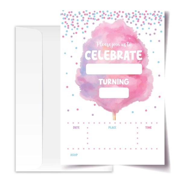 ANYEMW 4x6 Cotton Candy Birthday Invitations, Cotton Candy Party Decorations Favors Supplies, Birthday Invitations Girl, 20 Cards with 20 Envelopes.(72)