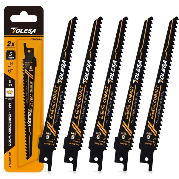 TOLESA Reciprocating Saw Replacement Blades, 6 Mounts, 5.9 inches (150 mm), Bimetal, Cobalt Nail Embedded Wood Cutting Saber Saw Blades, Pack of 5