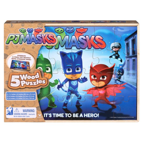 PJ Masks 5 Wood Puzzles in Wooden Storage Box (Styles Will Vary)