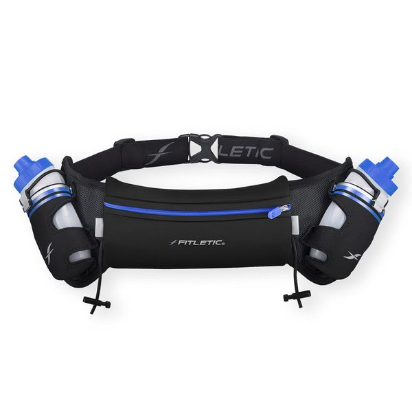 Fitletic Hydration Running Belt with Water Bottles (2X 250ml) Bum Bag with Adjustable Strap and Running Gels Holder Ideal Waist Bag Smart Phone Holder for Men and Women (L/XL) (Black/Blue)