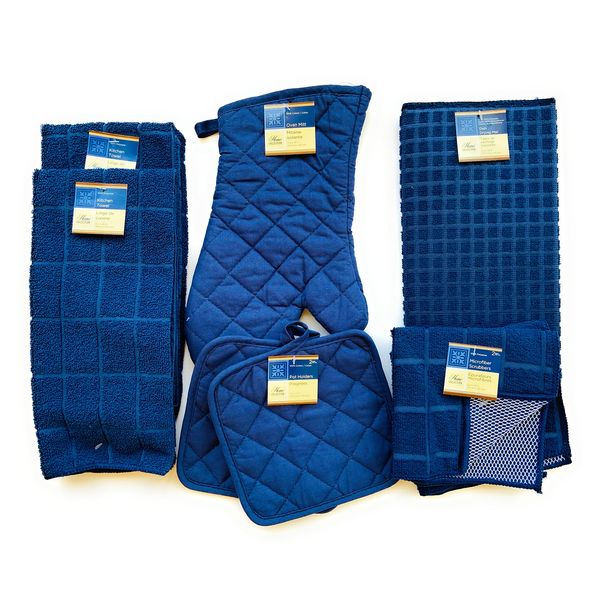 Home Collection 8 Piece Towel Set - 2 Towels - 2 Pot Holders -1 Oven Mitt -2 Scrubber Dish Cloths - 1 Dish Drying Matt (Navy Blue)