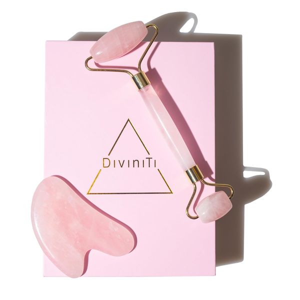 Rose Quartz Face Roller and Gua Sha Set - Face Roller Skin Care - Jade Roller and Gua Sha and Jade Roller for Face Rollers for Women Gifts - Rose Quartz Roller for Face Massage Roller DiviniTi