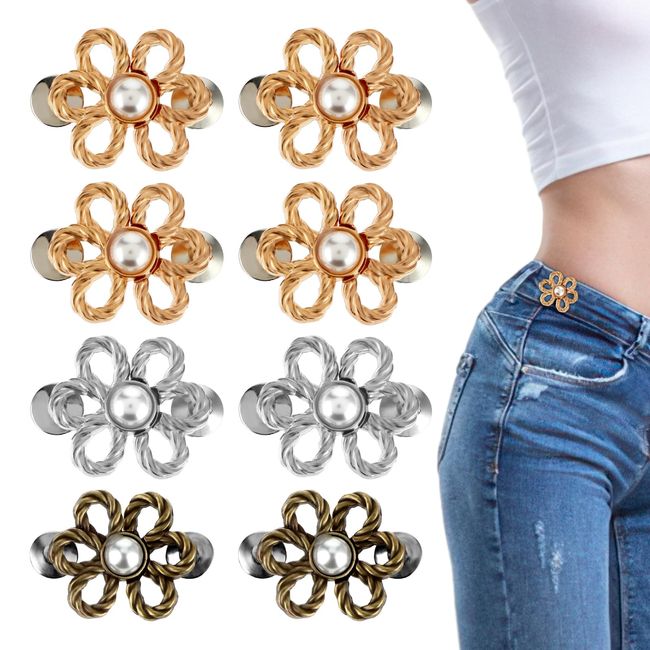 Amabro 8 Sets Flower Jean Buttons, Jeans Waist Tightener No Sew Button Pins Adjustable Decorative Waist Buckles Detachable Jean Clips for Loose Jeans Pants Skirts Sleeves