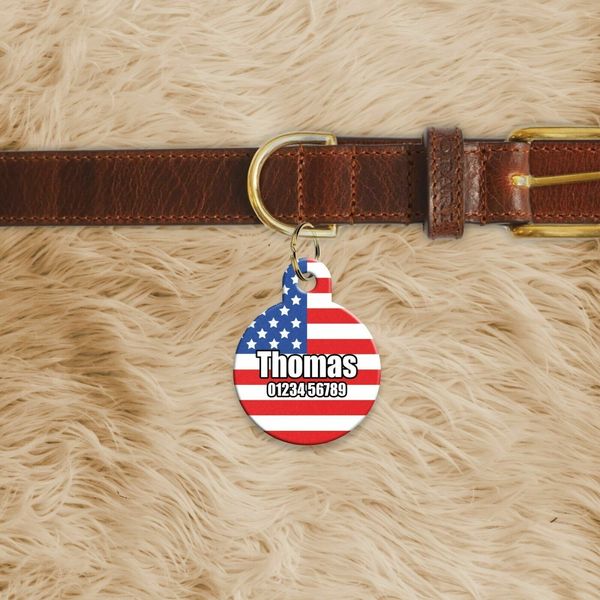 Personalised American Flag Pet ID Tags Custom Metal Dog Name Tag Circle Sha...