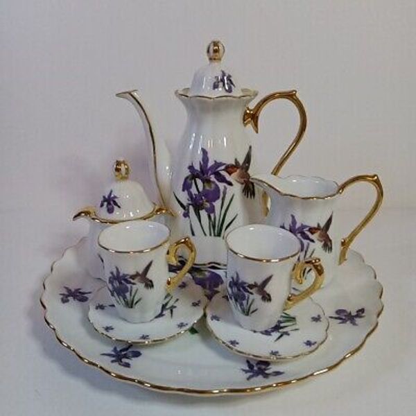 Vintage Fine Porcelain 10pc Purple Iris Miniature Tea Set Hummingbird Gold Trim