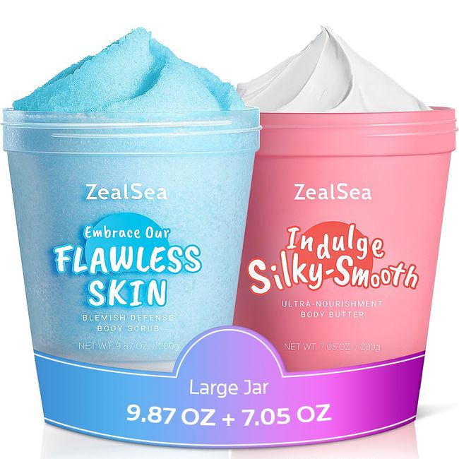 ZealSea 9.87 Oz Body Scrub & 7.05 Oz Body Butter Duo, Dead Sea Salt Exfoliating Natural Body Scrub Moisturizing Body Hand Legs Scrub and Coconut Shea Body Butter for Women