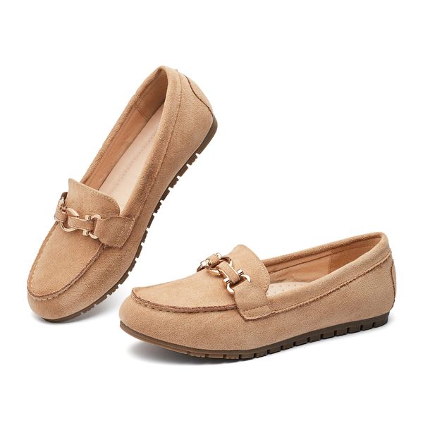 Cvistpieo Loafers for Women Casual Moccasins Women's Comfortable & Lightweight Penny Loafers Slip On Flat Shoes Suede Beige Size 8.5