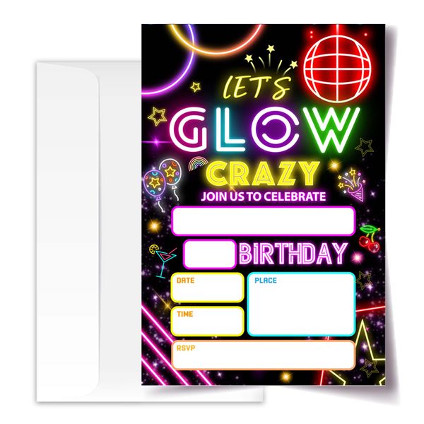 ANYEMW 4x6 Glow Birthday Invitations, Neon Birthday Party, Neon Party Decorations, Birthday Party Invitations For Boys Girls, Kids Birthday Invitations, 20 Cards with 20 Envelopes.(28)