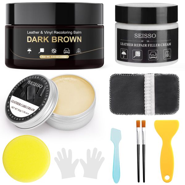 SEISSO Leather Recoloring Balm, Leather & Vinyl Repair Kit with Leather Care Oil & Leather Filler for Car Seats, Leather Shoes - Repairs Scratches and Easily Matches Any Color (Brown)