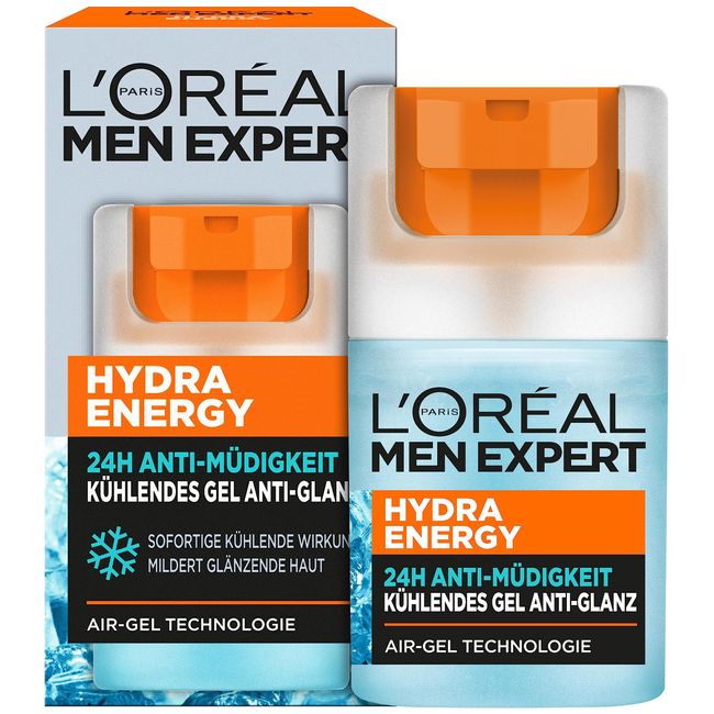 L'Oréal Men Expert kühlende Anti-Glanz Gesichtspflege für Männer, Mattierendes und erfrischendes Gel 24H Anti-Müdigkeit, Gesichtscreme für Herren mit Meeresquellwasser, Hydra Energy, 1 x 50 ml