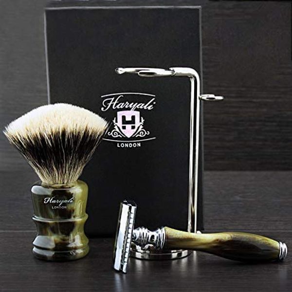 Traditional Silver Tip Wet Shaving Horn Set > Silver Tip Badger Shaving Brush & Classic DE Safety Razor - Luxury Horn Replica Resin Handles>Modern Shaving Classics by Haryali London - Great Gift Idea