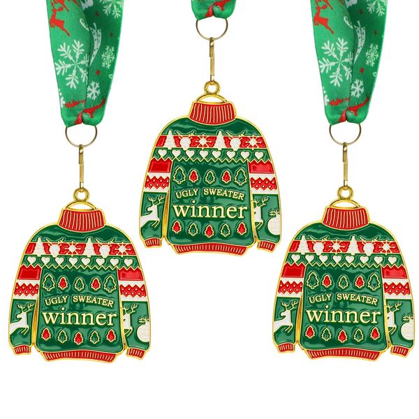 Abaokai 3 Pieces Christmas Ugly Sweater Medal Christmas Style Neck Ribbon, Award Contest Medals Christmas Tree Ornament for Ugly Sweater Contest Party, Best Ugly Christmas Sweater Trophy Award