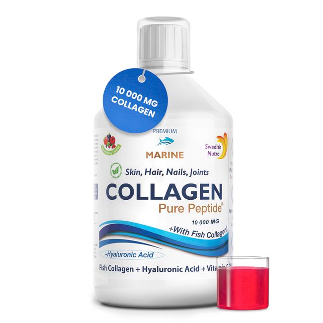 Marine Liquid Collagen 10000mg 500 ml I Pure Hydrolyzed Collagen Peptides (Type I & III) I Hyaluronic Acid, Biotin, Vitamin C I Healthy Skin, Hair, Nails