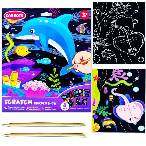 JUNQIU Scratch Art for Kids, Ocean Animals Black Rainbow Scratch Art Paper Set-Arts and Crafts Kits & Supplies, Party Games & Activity, Gifts for Toddlers Girls & Boys Birthday Christmas