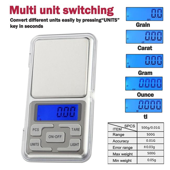  Digital Precision Gram Scale, 0.001oz/0.01g 500g Mini Pocket  Scale, Portable Electronic Weight Jewelry Scales, Tare, Auto Off, Stainless  Steel, White Backlit Display(Battery Included) : Office Products