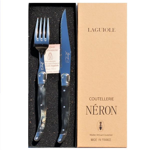 Laguole ABS Handle Steak Knife and Fork Set Black Marble Look in Gift Box France NERON