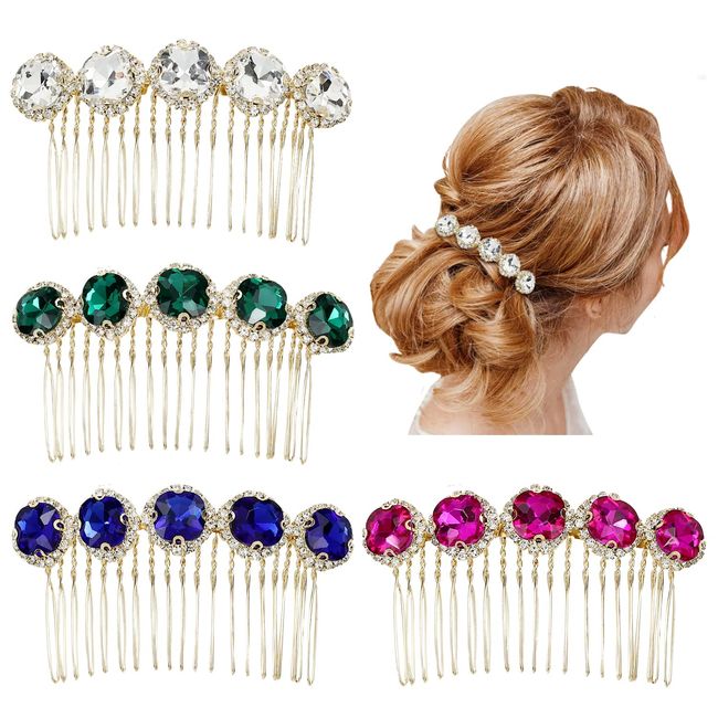 Lawie 4 Pack Jeweled Gems Crystal Rhinestone Glitter Sparkly Metal Side Hair Combs With Long Teeth Slide Hair Clips Barrettes French Twist Bun Chignon Thin Thick Hair Holder Accessories for Women