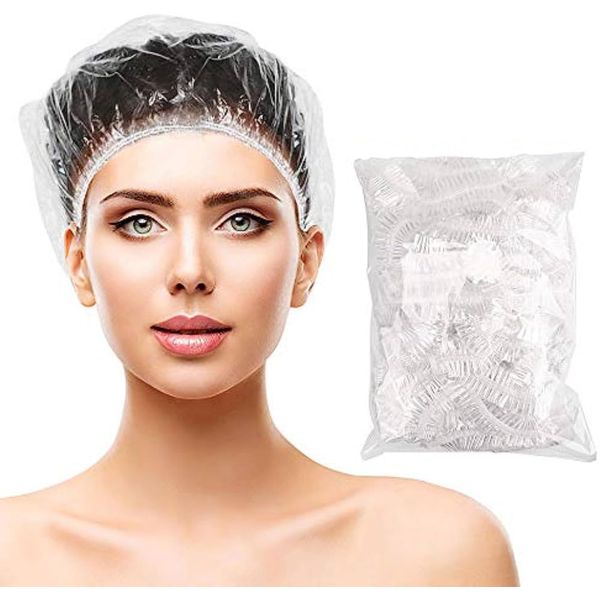 100 PCS Disposable Shower Cap, Waterproof Clear Plastic Elastic Hair Bath Caps For Women, Kids, Girls, Hotel and Hair Salon, Travel Spa, Home Use.