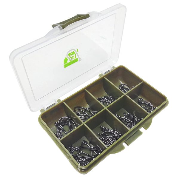 Carp On - 80 Assorted Barbless Carp Eyed Fishing Hooks - Curved and Wide Gape (Size 4, 6, 8 and 10) Comes in a Tough Tackle Storage Box - 15cm x 12cm x 3cm [14-46810]