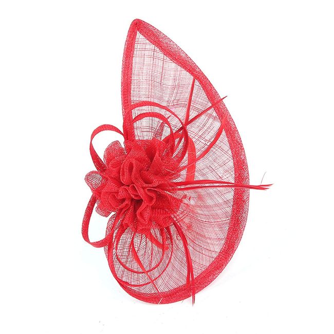 Red Flower & Feather Teardrop Style Sinamay Fascinator Hat