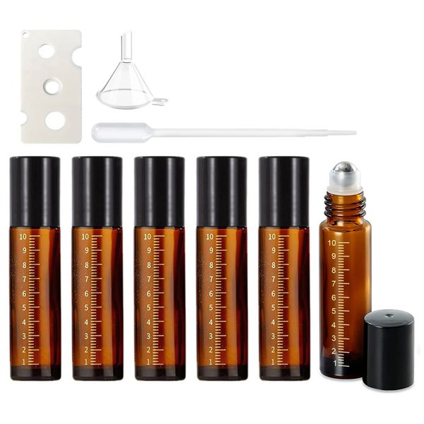 Roll-on Bottles 10ml 6pcs Glass Blackout Jars with Stainless Steel Roller Ball Perfume Essential Oil Refill Bottle Bottle Jar Graduated Aroma Storage Containers (Brown)