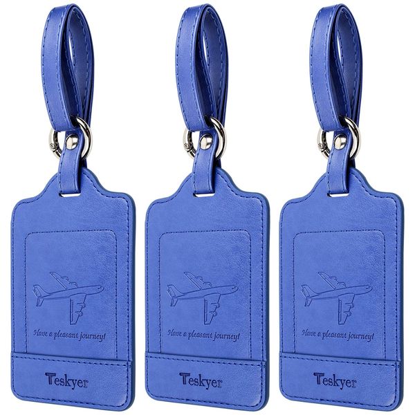 Teskyer Luggage Tags, Suitcase Tags, Business Trip Tags, Name Tags, Number Tags, Bag Name Tags, Leather Travel Tags, Travel Tags, Travel Baggage Labels, Anti-Lost, Pack of 3 (Sapphire)