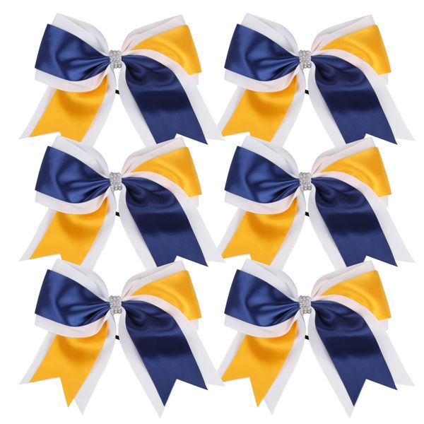 Cheerleader Bows 8 Inch 3 Colors 2 Layers 6 Pcs Jumbo Ponytail Holder Cheerleading Bows for High School College Hair Elastic Hair Tie (Navy Blue/Gold)