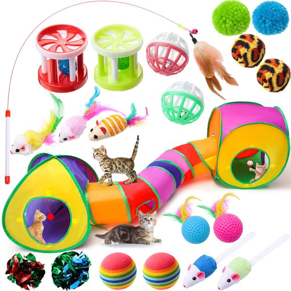 VercanMonth 21 Pcs Cat Tunnels for Indoor Set, 3 In1 Collapsible Cat Tunnel Toy with Cube Tent Toys Combo and 20 Pcs Interactive Kitty Toys Cat Feather Toy Fluffy Mouse Crinkle Balls for Kitten Puppy