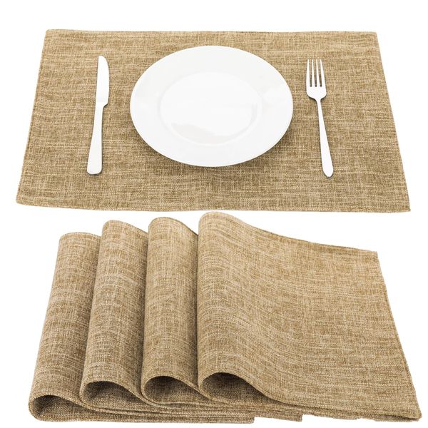 Senteria Placemats Cloth Cotton Linen Mat Double Layer Fabric Sewn Solid Color Japanese Style Flexible Insulation Anti-Slip Easy Care Machine Washable Kitchen Home Restaurant Set of 4 (Mustard)